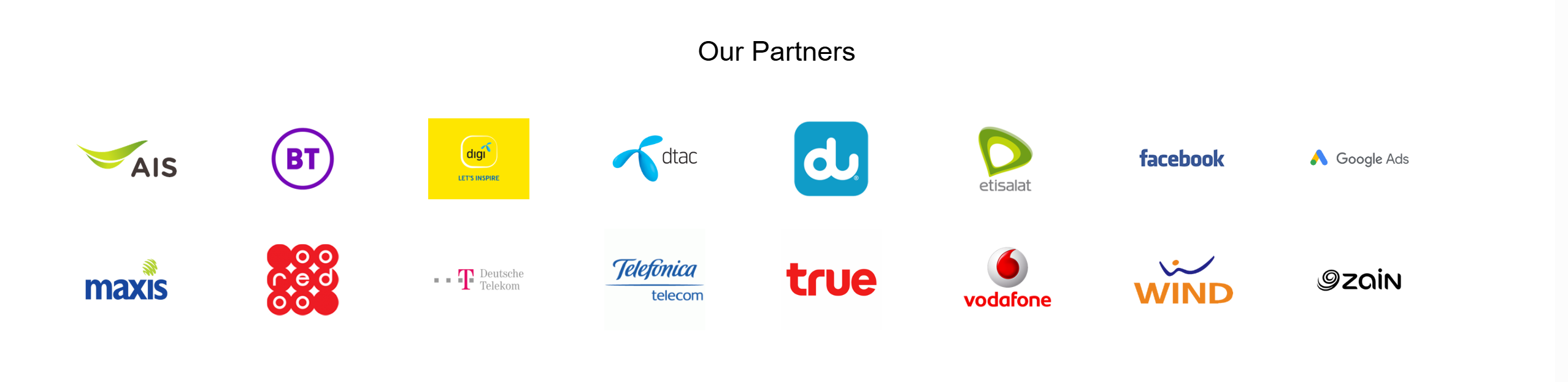 Our partners: AIS, BT, Digi, dtac, du, Etisalat, Facebook, Google Ads, Maxis, Ooredoo, Deutsche Telekom, Telefónica, True, Vodafone, Wind and Zain.